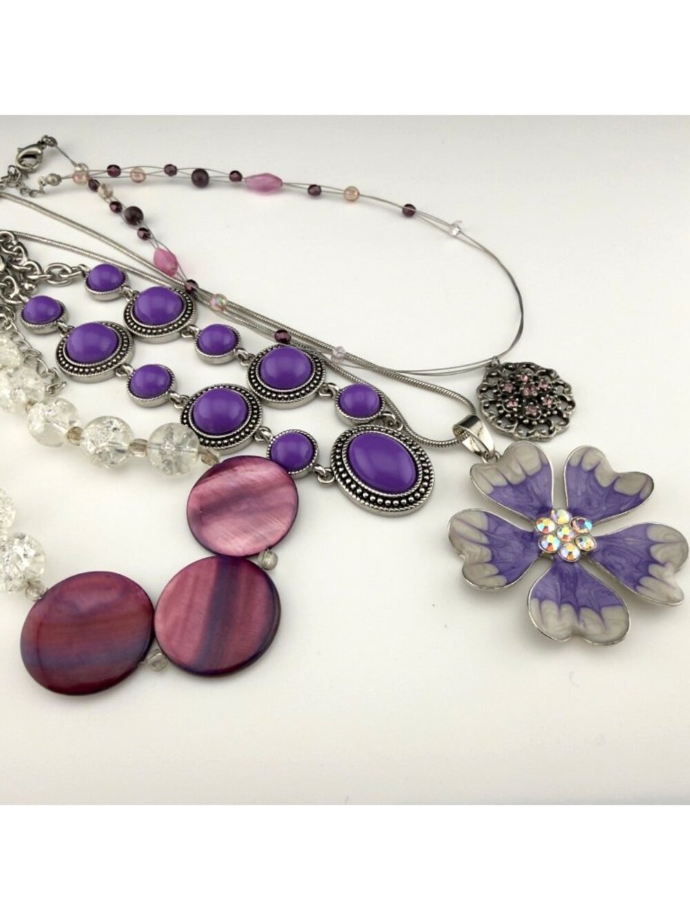 Purple Pink Pendant Bead Enamel Necklace Lot Acrylic Silver Tone Flower